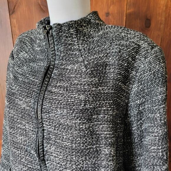 Eileen Fisher Woman 1X Black & White Tweed Leather Trim Full Zip Blazer Jacket - Picture 8 of 13